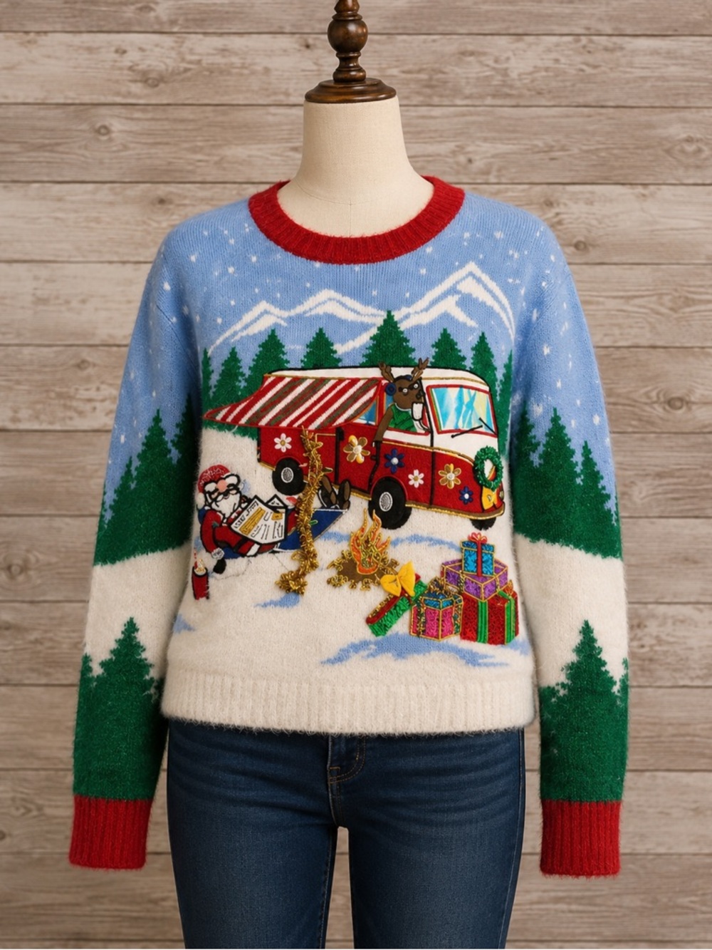 Hooked‎ Up Light Blue, Red, Green, White Holiday Camper Sweater Size XS NEW